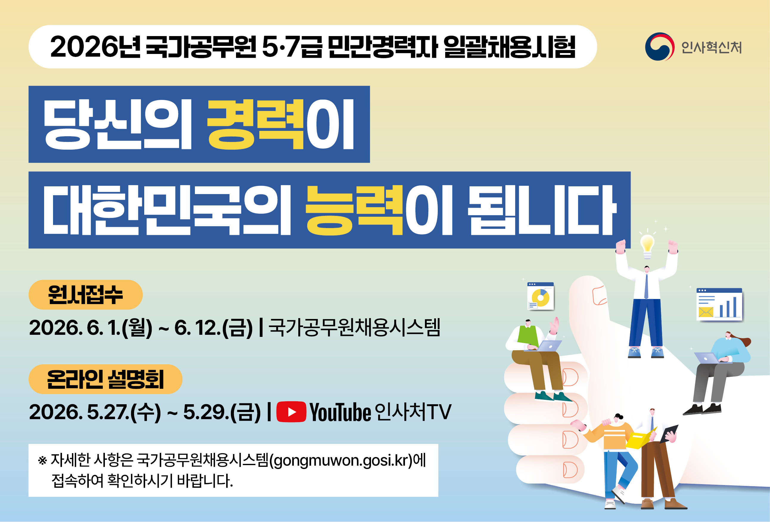 2026년 국가공무원 5.7급 민간경력자 일괄채용시험
당신의 경력이 대한민국의 능력이 됩니다.
원서접수 2026. 6.1.(월)  6.12.(금) / 국가공무원채용시스템
온라인설명회: 2026.5.27.(수) ~ 5.29.(금) 유튜브 인사처TV
자세한 사항은 국가공무원채용시스템(gongmuwon.gosi.kr)에 접속하여 확인하시기 바랍니다. 

