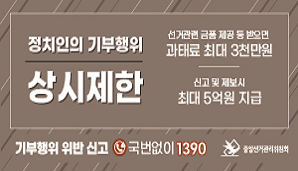 정치인의 기부행위 상시제한
선거관련 금품 제공 등 받으면 과태료 최대 3천만원
신고 및 제보시 최대 5억원 지급
기부행위 위반 신고 국번없이 1390 중앙선거관리위원회
