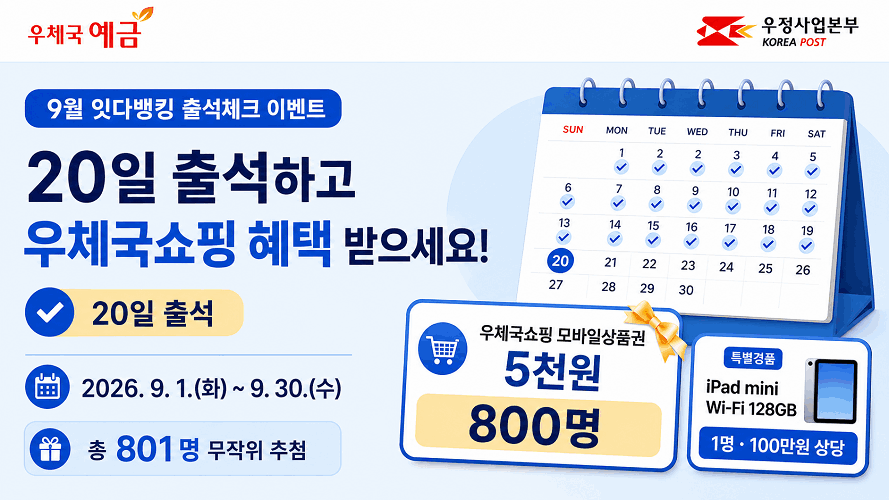 우체국 예금 
우정사업본부 KOREA POST

9월 잇다뱅킹 출석체크 이벤트

20일 출석하고 우체국쇼핑 혜택 받으세요!

20일 출석

2026.9.1.(화) ~ 9. 30.(수)

총 801명 무작위 추첨

우체국쇼핑 모바일상품권 5천원 800명

특별경품 iPad mini Wi-Fi 128GB  1명 &middot; 100만원 상당