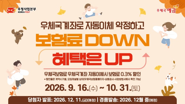 우정사업본부 KOREA POST
우체국예금
우체국계좌로 자동이체 약정하고
보험료 DOWN 혜택은 UP
2026.9.16.(수) ~ 10. 31.(토)
우체국보험료 우체국계좌 자동이체 시 보험료 0.3% 할인
※ 할인율은 계약시기별, 모집채널별 상이
(우체국보험홈페이지-상품공시-사업방법서에서 확인 가능)
당첨자 발표: 2026. 12. 11.(금)(예정)
경품발송: 2026. 12월 중(예정)