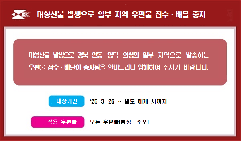 대형산불 발생으로 일부지역 우편물 접수·배달 중지

대형산불 발생으로 경북 안동(일부), 영덕(일부), 의성(일부) 지역 등으로 발송하는 우편물 접수 및 배달이 중지됨을 안내드리니 서비스 이용에 참고하여 주시기 바랍니다.

대상기간: 2025.03.26. ~ 별도 해제시 까지
적용 우편물: 모든 우편물(통상·소포)
