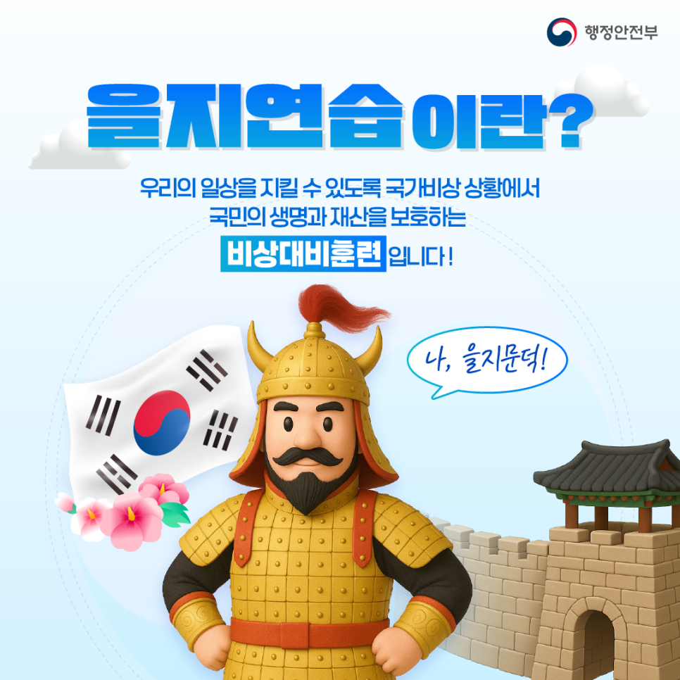을지연습이란 우리의 일상을 지킬 수 있도록 국가비상 상황에서 국민의 생명과 재산을 보호하는 비상대비 훈련입니다.