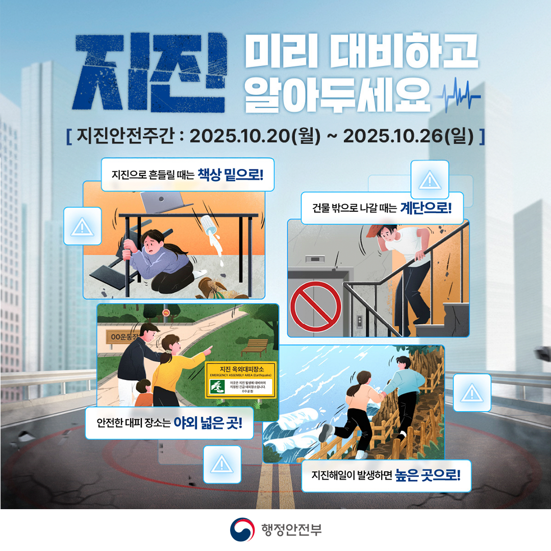 지진 미리대비하고 알아두세요 
지진안전주간:2025.10.20.(월)~2025.10.26.(일)
지진으로 흔들릴때는 책상밑으로!
건물밖으로 나갈때는 계단으로!
안전한 대피 장소는 야외 넓은곳!
지진해일이 발생하면 높은곳으로!
-행정안전부-