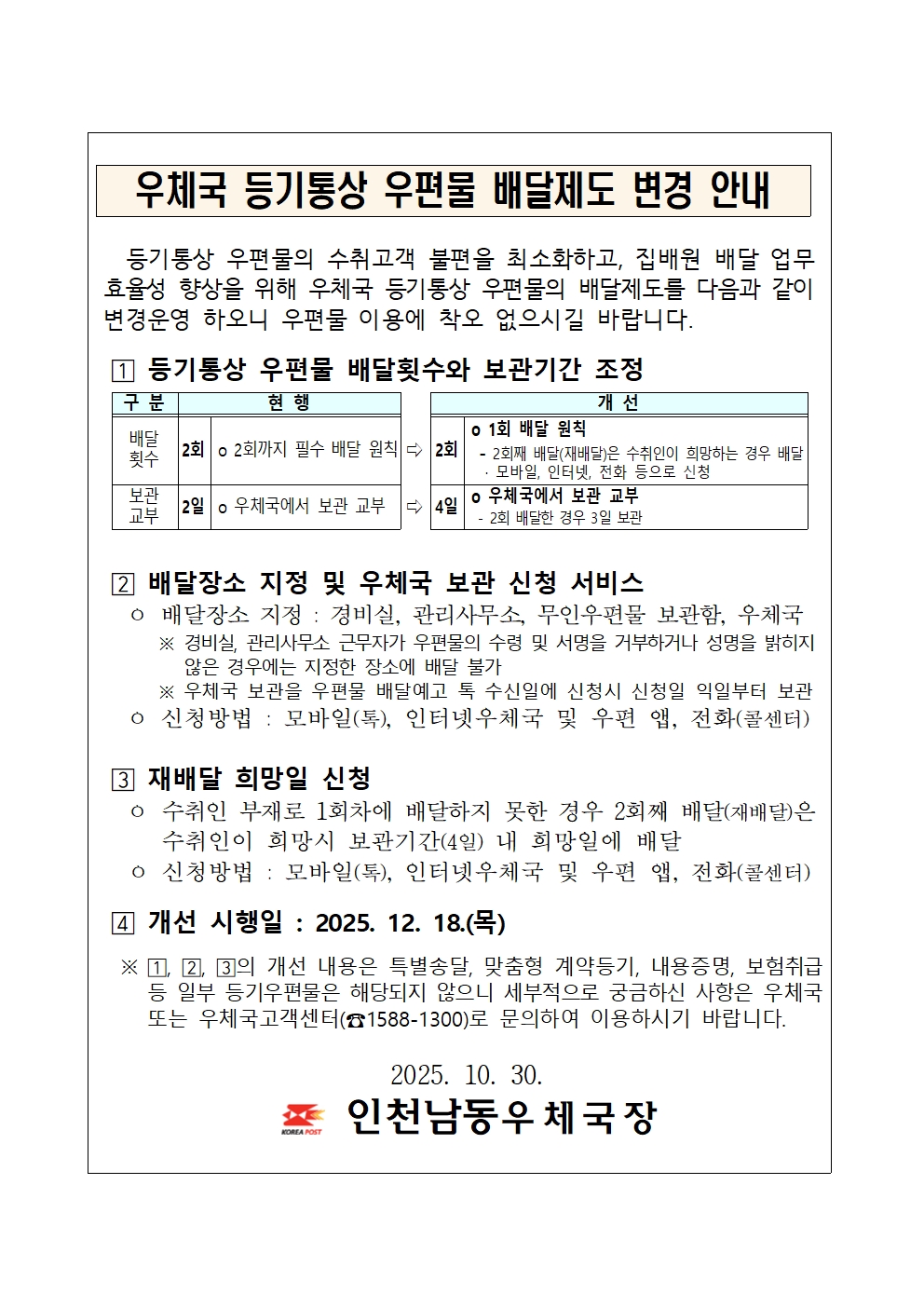 우체국 등기우편 배달제도 변경