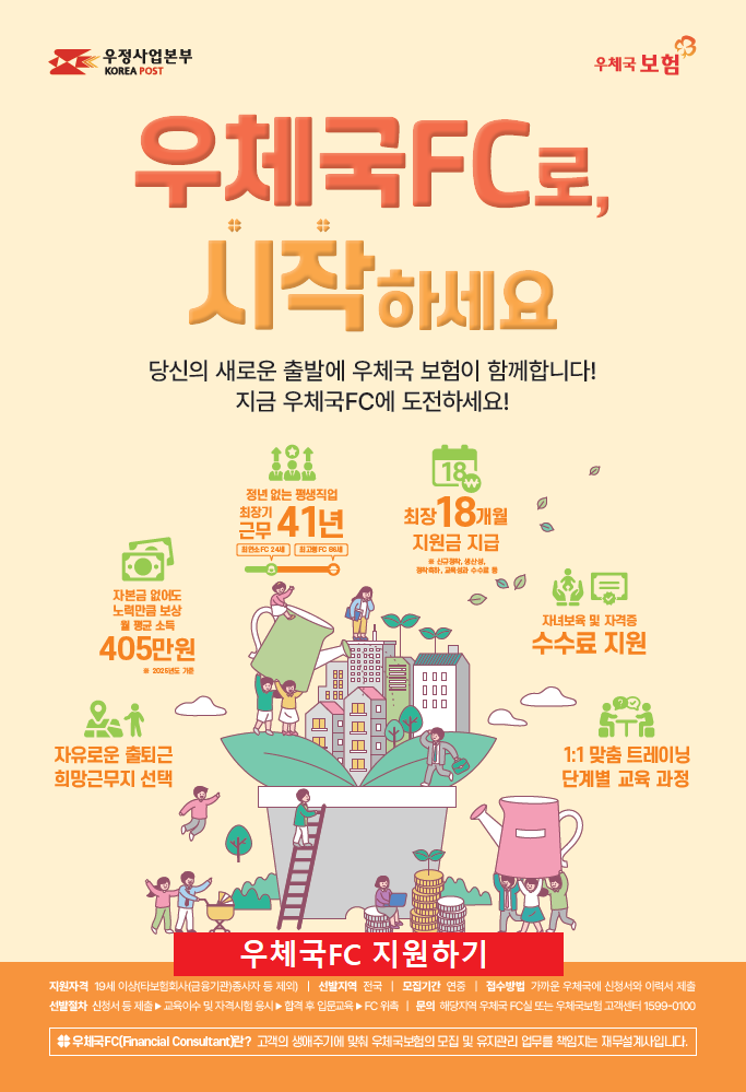 우체국FC로, 시작하세요
당신의 새로운 출발에 우체국 보험이 함께합니다!
지금 우체국FC에 도전하세요!

정년 없는 평생직업, 최장기근무 41년(최연소FC 24세, 최고령FC 86세)
최장 18개월 지원금 지급(※ 신규정착, 생산성, 정착축하, 교육성과 수수료 등)
자본금 없어도 노력만큼 보상, 월 평균 소득 405만원(※ 2025년도 기준)
자녀보육 및 자격증 수수료 지원
자유로운 출퇴근 희망근무지 선택
1:1 맞춤 트레이닝 단계별 교육 과정

우체국FC 지원하기

지원자격: 19세 이상(타보험회사(금융기관) 종사자 등 제외)
선발지역: 전국
모집기간: 연중
접수방법: 가까운 우체국에 신청서와 이력서 제출
선발절차: 신청서 등 제출 ▶ 교육이수 및 자격시험 응시 ▶ 합격 후 입문교육 ▶ FC 위촉
문의: 해당지역 우체국 FC실 또는 우체국보험 고객센터 1599-0100

우체국FC(Financial Consultant)란?
고객의 생애주기에 맞춰 우체국보험의 모집 및 유지관리 업무를 책임지는 재무설계사입니다.