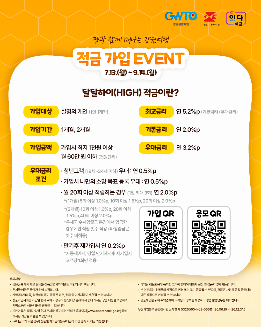 적금 가입 이벤트

7. 13.(월) ~ 9. 14.(월)

최고금리 : 연5.2%
기본금리 : 연2.0%
우대금리 : 연3.2%
가입기간 : 1개월 또는 2개월
가입금액 : 가입시 최저 1천원 이상, 월 60만원 이하