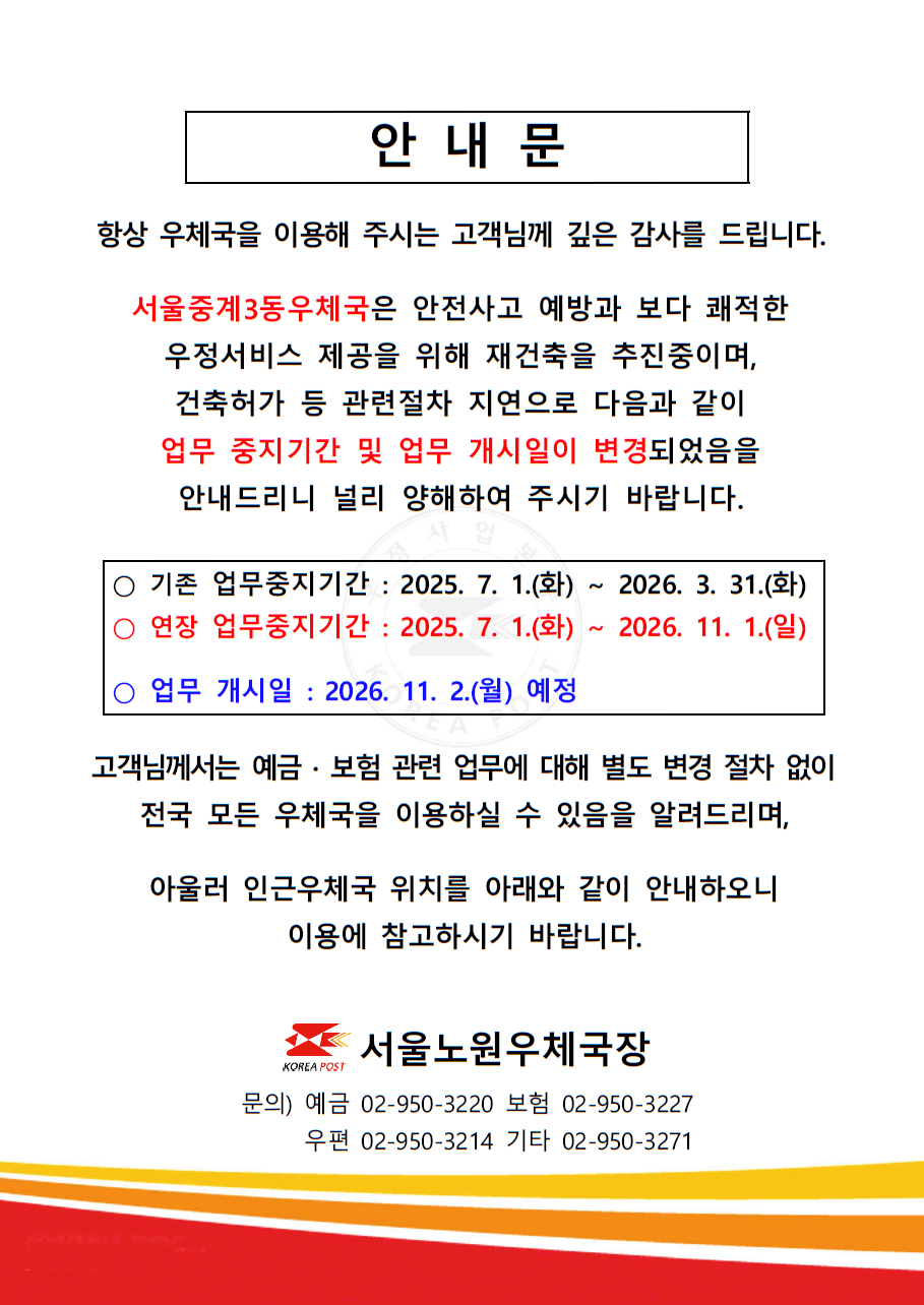 안내문

항상 우체국을 이용해 주시는 고객님께 깊은 감사를 드립니다.
서울중계3동우체국은 안전사고 예방과 보다 쾌적한 우정써비스 제공을 위해 재건축을 추진중이며,
건축허가 등 관련절차 지연으로 다음과 같이 업무 중지기간 및 업무 개시일이 변경되었음을 안내드리니
널리 양해하여 주시기 바랍니다.

ㅇ 기존 업무중지기간: 2025. 7. 1.(화) ~ 2026. 3. 31.(화)
ㅇ 연장 업무중지기간: 2025. 7. 1.(화) ~ 2026. 11. 1.(일)

ㅇ 업무 개시일: 2026. 11. 2.(월) 예정

고객님께서는 예금·보험 관련 업무에 대해 별도 변경 절차 없이 전국 모든 우체국을 이용하실 수 있음을 알려드리며,
아울러 인근우체국 위치를 아래와 같이 안내하오니 이용에 참고하시기 바랍니다.

서울노원우체국장
문의) 예금 02-950-3220, 보험 02-950-3227, 우편 02-950-3214, 기타 02-950-3271