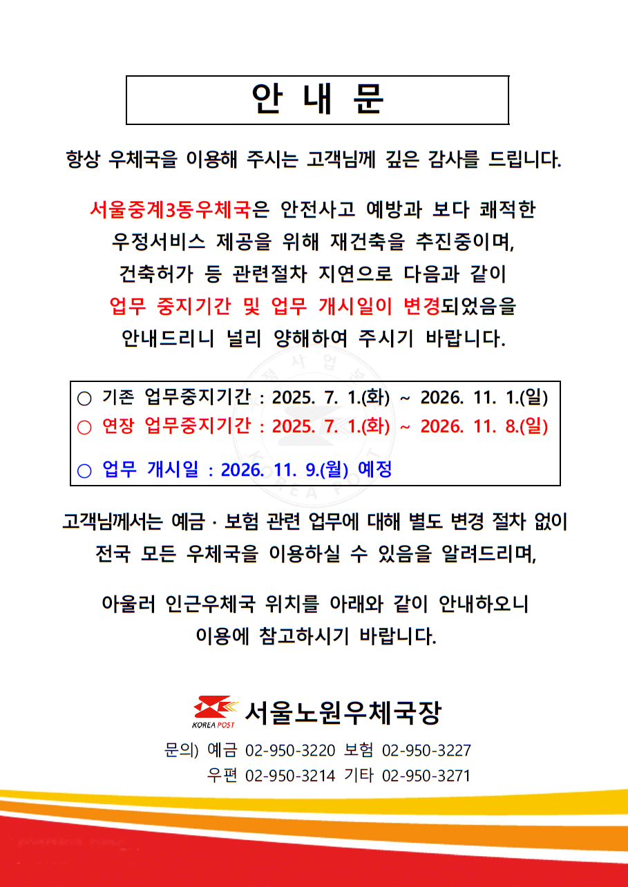 안내문

항상 우체국을 이용해 주시는 고객님께 깊은 감사를 드립니다.
서울중계3동우체국은 안전사고 예방과 보다 쾌적한 우정써비스 제공을 위해 재건축을 추진중이며,
건축허가 등 관련절차 지연으로 다음과 같이 업무 중지기간 및 업무 개시일이 변경되었음을 안내드리니
널리 양해하여 주시기 바랍니다.

ㅇ 기존 업무중지기간: 2025. 7. 1.(화) ~ 2026. 11. 1.(일)
ㅇ 연장 업무중지기간: 2025. 7. 1.(화) ~ 2026. 11. 8.(일)

ㅇ 업무 개시일: 2026. 11. 9.(월) 예정

고객님께서는 예금·보험 관련 업무에 대해 별도 변경 절차 없이 전국 모든 우체국을 이용하실 수 있음을 알려드리며,
아울러 인근우체국 위치를 아래와 같이 안내하오니 이용에 참고하시기 바랍니다.

서울노원우체국장
문의) 예금 02-950-3220, 보험 02-950-3227, 우편 02-950-3214, 기타 02-950-3271