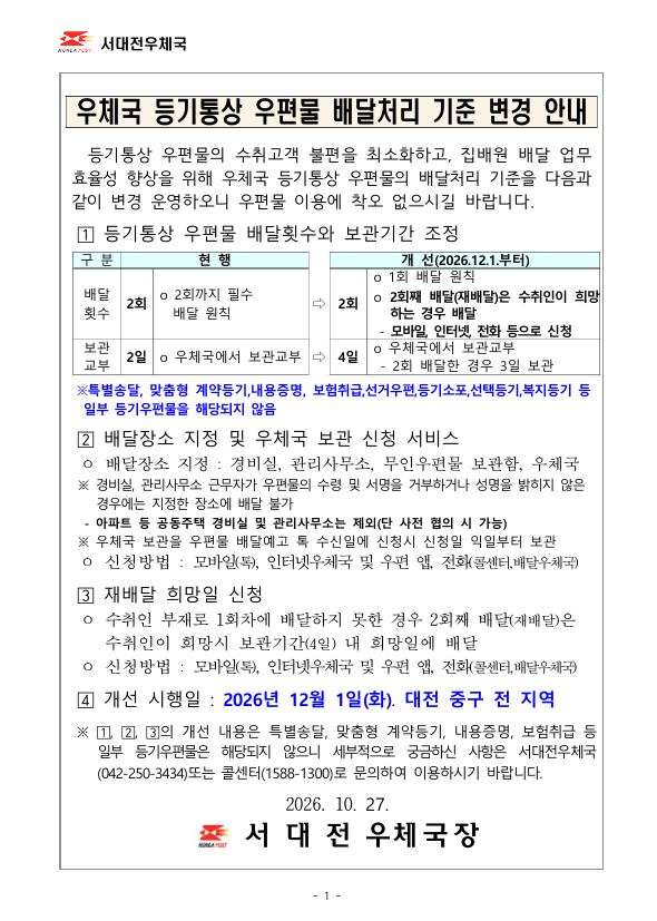 우체국 등기통상 우편물 배달처리 기준 변경 안내
