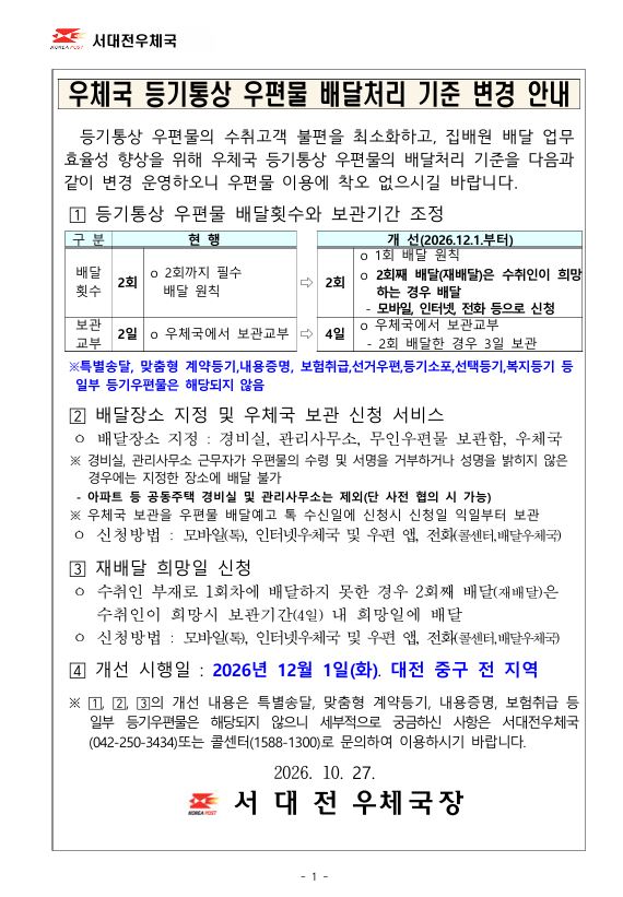 등기통상 우편물 배달처리 기준 변경 안내문