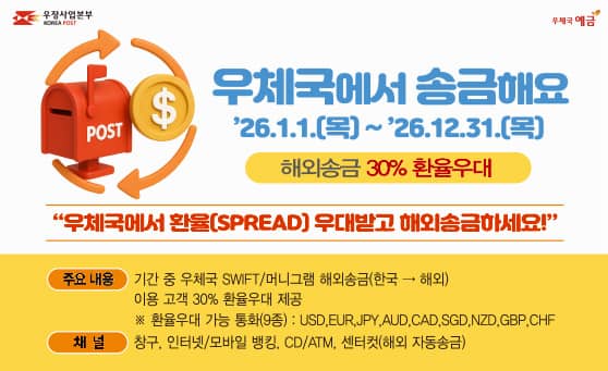 우체국에서 송금해요
2026.1.1.(목) ~ 2026.12.31.(목)
해외송금 30% 환율우대

우체국에서 환율(SPREAD) 우대받고 해외송금하세요!

주요내용 :  기간 중 우체국 SWIFT/머니그램 해외송금(한국-&amp;gt;해외) 이용 고객 30% 환율우대 제공 
* 환율우대 가능 통화(9종) :  USD, EUR, JPY, AUD, CAD, SGD, NZD, GBP, CHF

채널 : 창구, 인터넷/모바일 뱅킹, CD/ATM 센터컷(해외 자동송금)