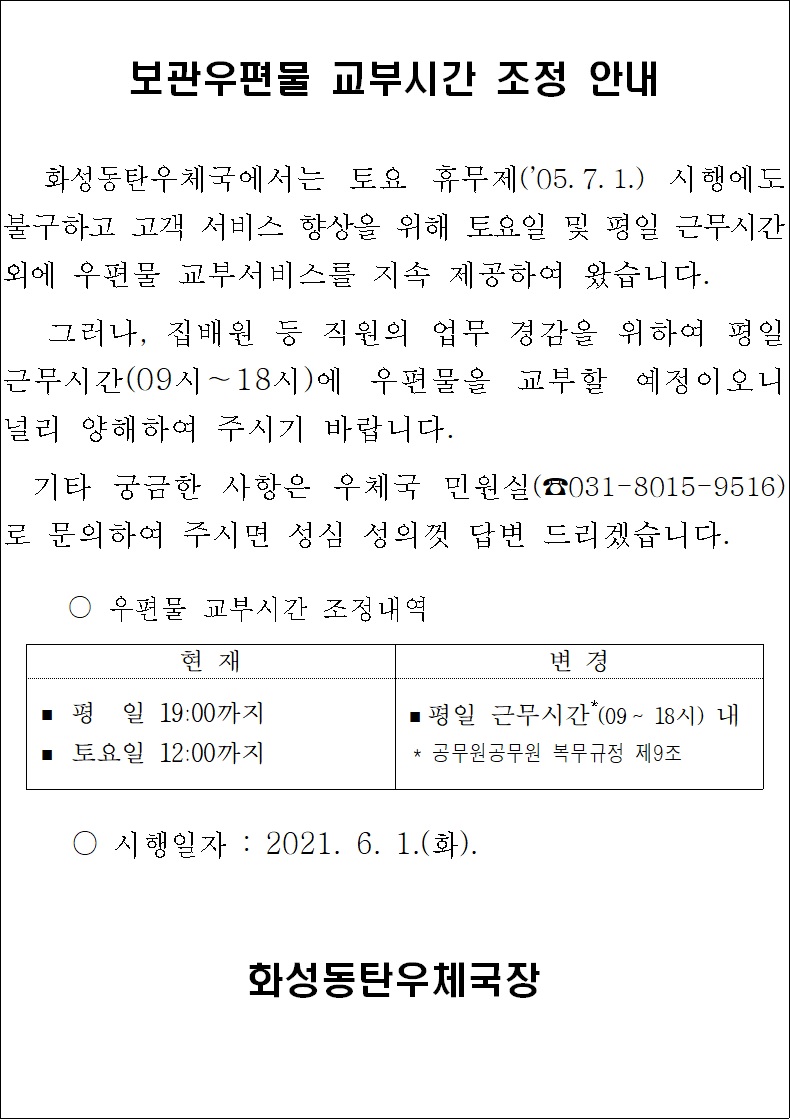 보관우편물 교부시간 조정 안내


화성동탄우체국에서는 토요 휴무제('05.7.1.) 시행에도 불구하고 고객 서비스 향상을 위해 토요일 및 평일 근무시간외에 우편물 교부서비스를 지속 제공하여 왔습니다.

그러나, 집배원 등 직원의 업무 경감을 위하여 평일 근무시간(09시~18시)에 우편물을 교부할 예정이오니 널리 양해하여 주시기 바랍니다.

기타 궁금한 사항은 우체국 민원실(☎031-8015-9516)로 문의하여 주시면 성심 성의껏 답변 드리겠습니다.

○ 우편물 교부시간 조정내역
  현재: 평일 19시까지, 토요일 12시까지
  변경: 평일 근무시간(09~18시) 내

○ 시행일자: 2021. 6. 1.(화).

화성동탄우체국장