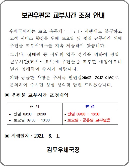 보관우편물 교부시간 조정 안내

우체국에서는 토요 휴무제('05.7.1) 시행에도 불구하고 고객 서비스 향상을 위해 토요일 및 평일 근무시간 외에 우편물 교부서비스를 지속 제공하여 왔습니다.

그러나, 집배원 등 직원의 업무 경감을 위하여 평일 근무시간(09시~18시)에 우편물을 교부할 예정이오니 널리 양해하여 주시기 바랍니다.

기타 궁금한 사항은 우체국 민원실(031-8048-0160)로 문의하여 주시면 성심 성의껏 답변 드리겠습니다.

우편물 교부시간 조정내역

현재 : 평일 09:00~20:00, 토요일 09:00~13:00

변경 : 평일 09:00~18:00, 토요일 공휴일 교부 없음

시행일자 : 2021. 6. 1.

김포우체국장