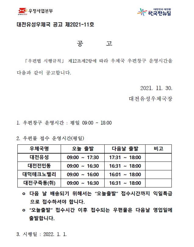 대전유성우체국 우편창구 운영시간을 다음과 같이 공고합니다 2021.11.30. 대전유성우체국장
다음날 배송되기 위해서는 "오늘출발" 접수시간까지 익일특급으로 접수하셔야 합니다
"오늘출발" 접수시간 이후 접수되는 우편물은 다음날 영업일에 출발합니다
시행일 2022.1.1. 