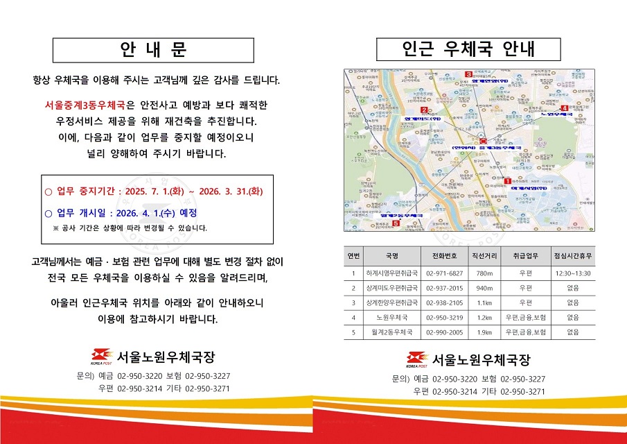 안내문

항상 우체국을 이용해 주시는 고객님께 깊은 감사를 드립니다.

서울중계3동우체국은 안전사고 예방과 보다 쾌적한 우정서비스 제공을 위해 재건축을 추진합니다.
이에, 다음과 같이 업무를 중지할 예정이오니 널리 양해하여 주시기 바랍니다.

ㅇ 업무 중지기간: 2025.7.1(화) ~ 2026.3.31(화)
ㅇ 업무 개시일: 2026.4.1(수) 예정 (※ 공사 기간은 상황에 따라 변경될 수 있습니다.)

고객님께서는 예금 및 보험 관련 업무에 대해 별도 변경 절차 없이 전국 모든 우체국을 이용하실 수 있음을 알려드리며,
아울러 인근우체국 위치를 아래와 같이 안내하오니 이용에 참고하시기 바랍니다.

인근 우체국 안내 (지도 참고)

1. 하계시영우편취급국 (전화번호: 02-971-6827, 직선거리: 780m, 취급업무: 우편, 점심시간휴무: 12:30 ~ 13:30)
2. 상계미도우편취급국 (전화번호: 02-937-2015, 직선거리: 940m, 취급업무: 우편, 점심시간휴무: 없음)
3. 상계한양우편취급국 (전화번호: 02-938-2105, 직선거리: 1.1Km, 취급업무: 우편, 점심시간휴무: 없음)
4. 서울노원우체국 (전화번호: 02-950-3219, 직선거리: 1.2Km, 취급업무: 우편, 금융, 보험, 점심시간휴무: 없음)
5. 서울월계2동우체국 (전화번호: 02-990-2005, 직선거리: 1.9Km, 취급업무: 우편, 금융, 보험, 점심시간휴무: 없음)

서울노원우체국장

문의사항: 예금 02-950-3220, 보험 02-950-3227, 우편 02-950-3214, 기타 02-950-3271


서울노원우체국장