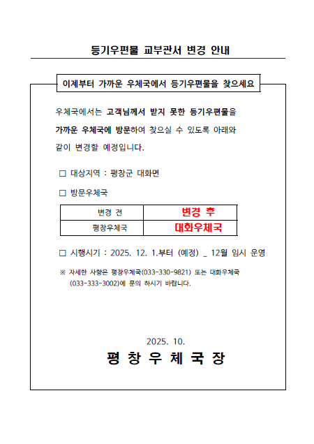 등기우편물 교부관서 변경안내
 
이제부터 가까운 우체국에서 등기우편물을 찾으세요

우체국에서는 고객님께서 받지 못한 등기우편물을
가까운 우체국에 방문하여 찾으실 수 있도록 아래와 같이 변경할 예정입니다.

대상지역: 평창군 대화면

방문우체국 : 
변경전) 평창우체국
변경후) 대화우체국

시행시기 : 2025.12.1 부터 (예정) 12월 임시 운영








