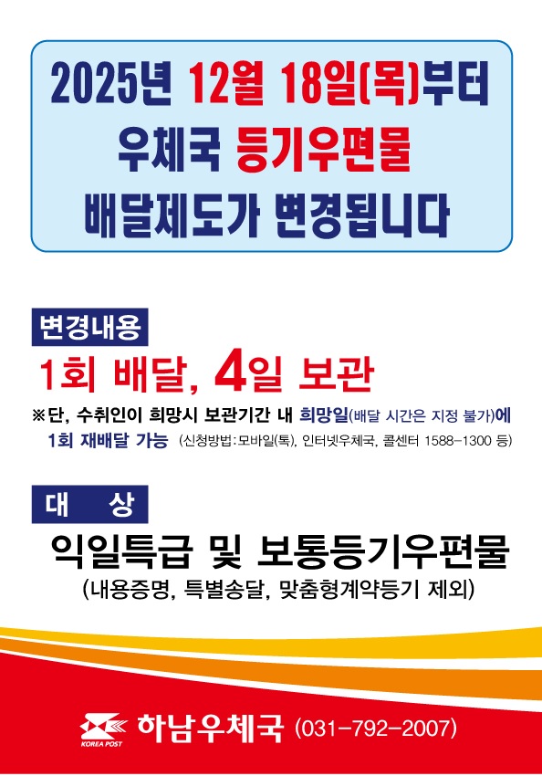 2025년 12월 18일(목)부터 우체국 등기우편물 배달제도가 변경됩니다.

변경내용 : 1회 배달, 4일 보관
(단, 수취인이 희망시 보관기간 내 희망일에 1회 재배달 가능, 배달 시간은 지정 불가)

대상 : 익일특급 및 보통등기우편물
(내용증명, 특별송달, 맞춤형계약등기 제외)