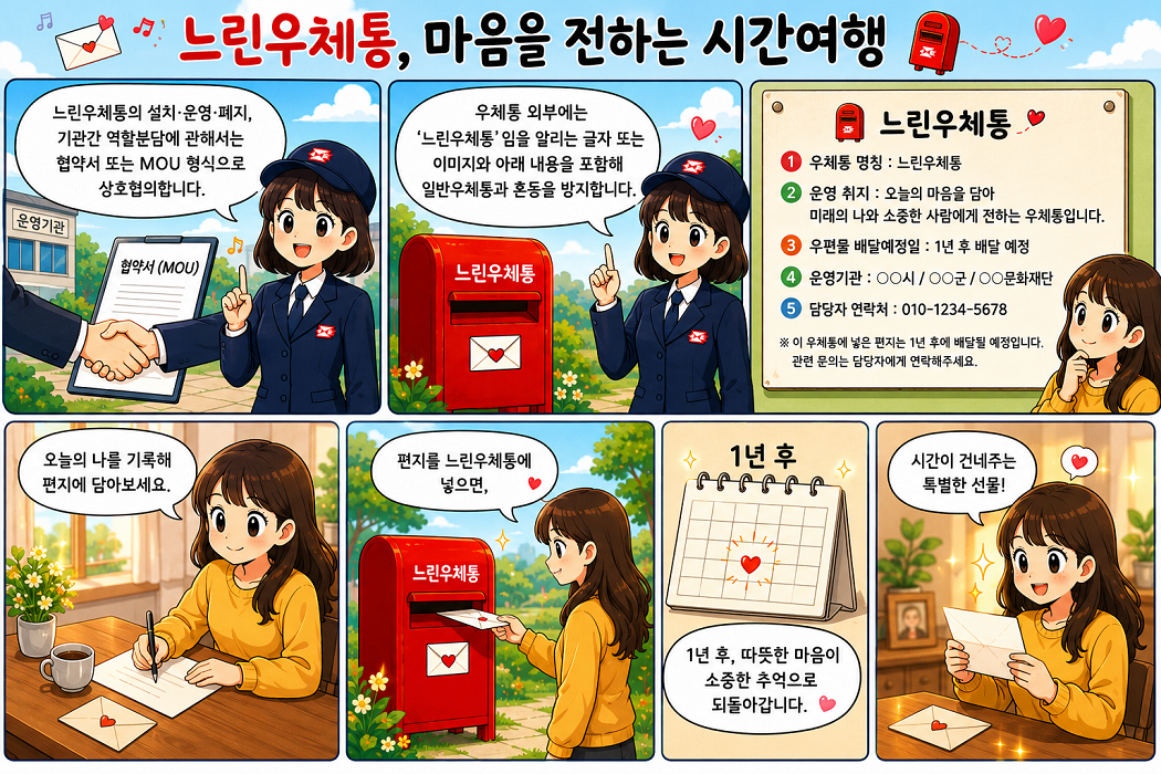 느린우체통, 마음을 전하는 시간여행

느린우체통의 설치, 운영, 폐지, 기관간 역할분담에 관해서는 협약서 또는 MOU 형식으로 상호협의합니다. 우체통 외부에는 ;느린우체통' 임을 알리는 글자 또는 이미지와 아래 내용을 포함해 일반우체통과 혼동을 방지합니다. 
오늘의 나를 기록해 편지에 담아보세요.
편지를 느린우체통에 넣으면, 1년 후, 따뜻한 마음이 소중한 추억으로 되돌아갑니다.
시간이 건네주는 특별한 선물