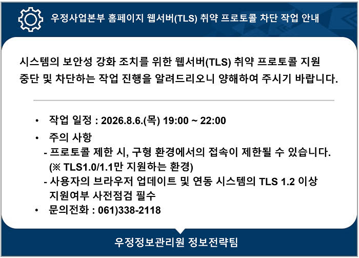 우정사업본부 홈페이지 웹서버(TLS) 취약 프로토콜 차단 작업 안내

시스템의 보안성 강화 조치를 위한 웹서버(TLS) 취약 프로토콜 지원 
중단 및 차단하는 작업 진행을 알려드리오니 양해하여 주시기 바랍니다.

작업 일정 : 2026.8.6.(목) 19:00 ~ 22:00
주의 사항
   - 프로토콜 제한 시, 구형 환경에서의 접속이 제한될 수 있습니다.
     (※ TLS1.0/1.1만 지원하는 환경)
   - 사용자의 브라우저 업데이트 및 연동 시스템의 TLS 1.2 이상 
     지원여부 사전점검 필수
문의전화 : 061)338-2118

우정정보관리원 정보전략팀
