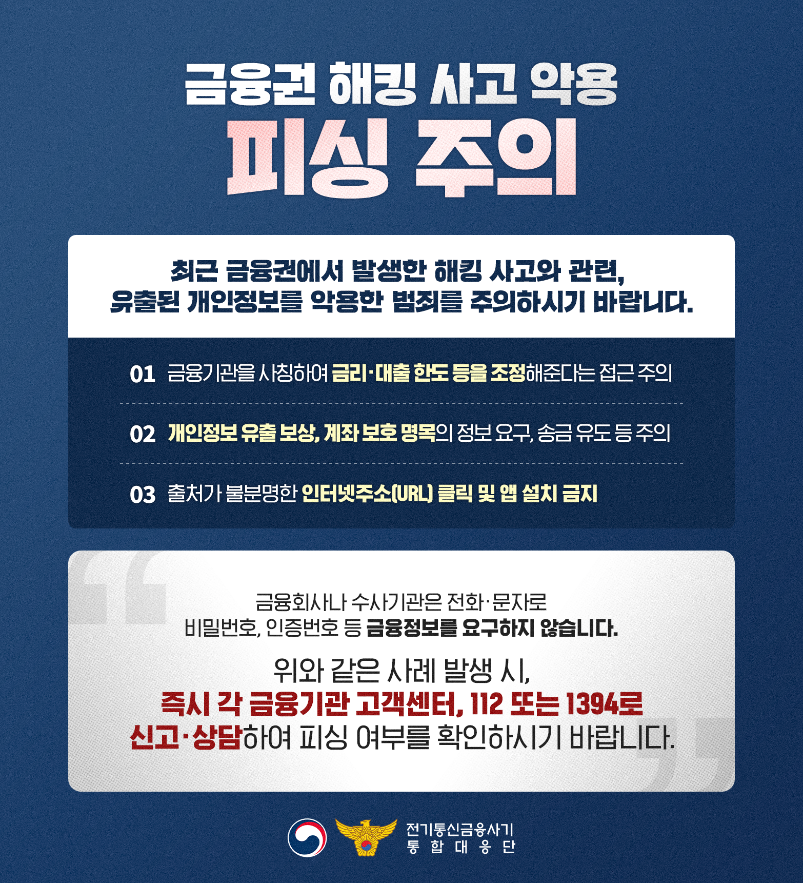 금융권 해킹 사고 악용 피싱 주의
최근 금융권에서 발생한 해킹 사고와 관련, 유출된 개인정보를 악용한 범죄를 주의하시기 바랍니다.
1. 금융기관을 사칭하여 금리.대출 한도 등을 조정해준다는 접근 주의
2. 개인정보 유출 보상, 계좌 보호 명목의 정보 요구, 송금 유도 등 주의
3. 출처가 불분명한 인터넷주소(URL) 클릭 및 앱 설치 금지
금융회사나 수사기관은 전화.문자로 비밀번호, 인증번호 등 금융정보를 요구하지 않습니다. 
위와 같은 사례 발생 시 즉시 각 금융기관 고객센터, 112 또는 1394로 신고.상담하여 피싱 여부를 확인하시기 바랍니다.
전기통신금융사기 통합대응단
