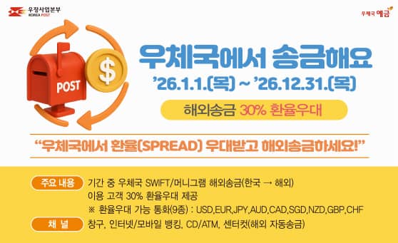 우체국에서 송금해요
2026.1.1.(목) ~ 2026.12.31.(목)
해외송금 30% 환율우대

우체국에서 환율(SPREAD) 우대받고 해외송금하세요!

주요내용 :  기간 중 우체국 SWIFT/머니그램 해외송금(한국->해외) 이용 고객 30% 환율우대 제공 
* 환율우대 가능 통화(9종) :  USD, EUR, JPY, AUD, CAD, SGD, NZD, GBP, CHF

채널 : 창구, 인터넷/모바일 뱅킹, CD/ATM 센터컷(해외 자동송금)